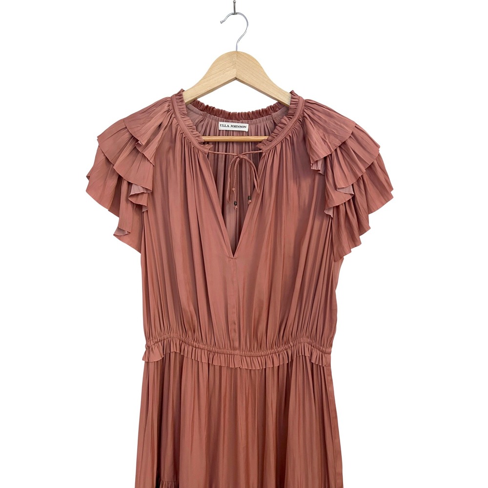 Ulla Johnson Blaire Dress Copper Plisse Satin Ruffle Tiered Midi Womens Size 8 - Picture 6 of 12